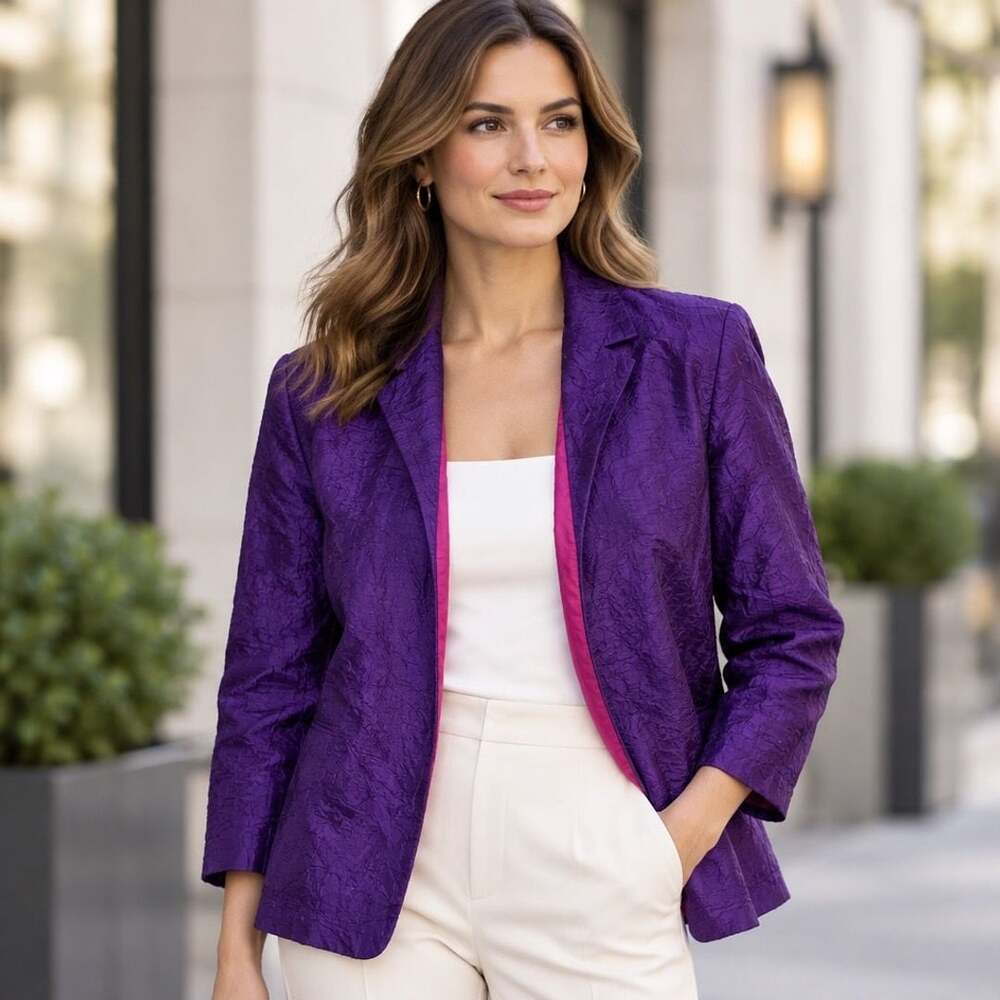 Chico's Silk Blazer Size 1 Purple Textured Open Front Jacket
